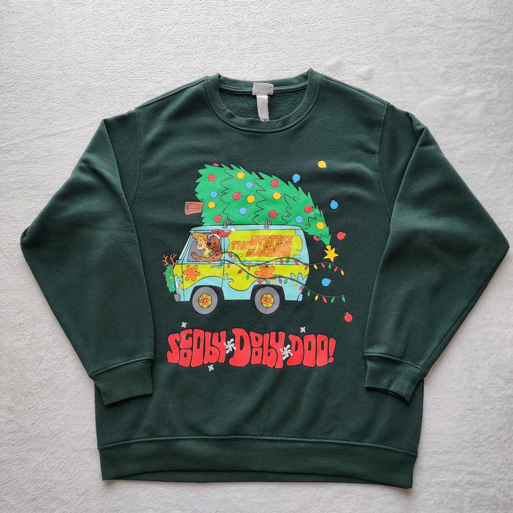 Scooby Doo Christmas Mystery Machine Sweatshirt Mens Small Green Graphic Holiday